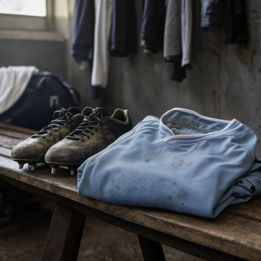 Maglia azzurra chiara piegata su una panca di spogliatoio accanto a un paio di scarpe da rugby consumate
