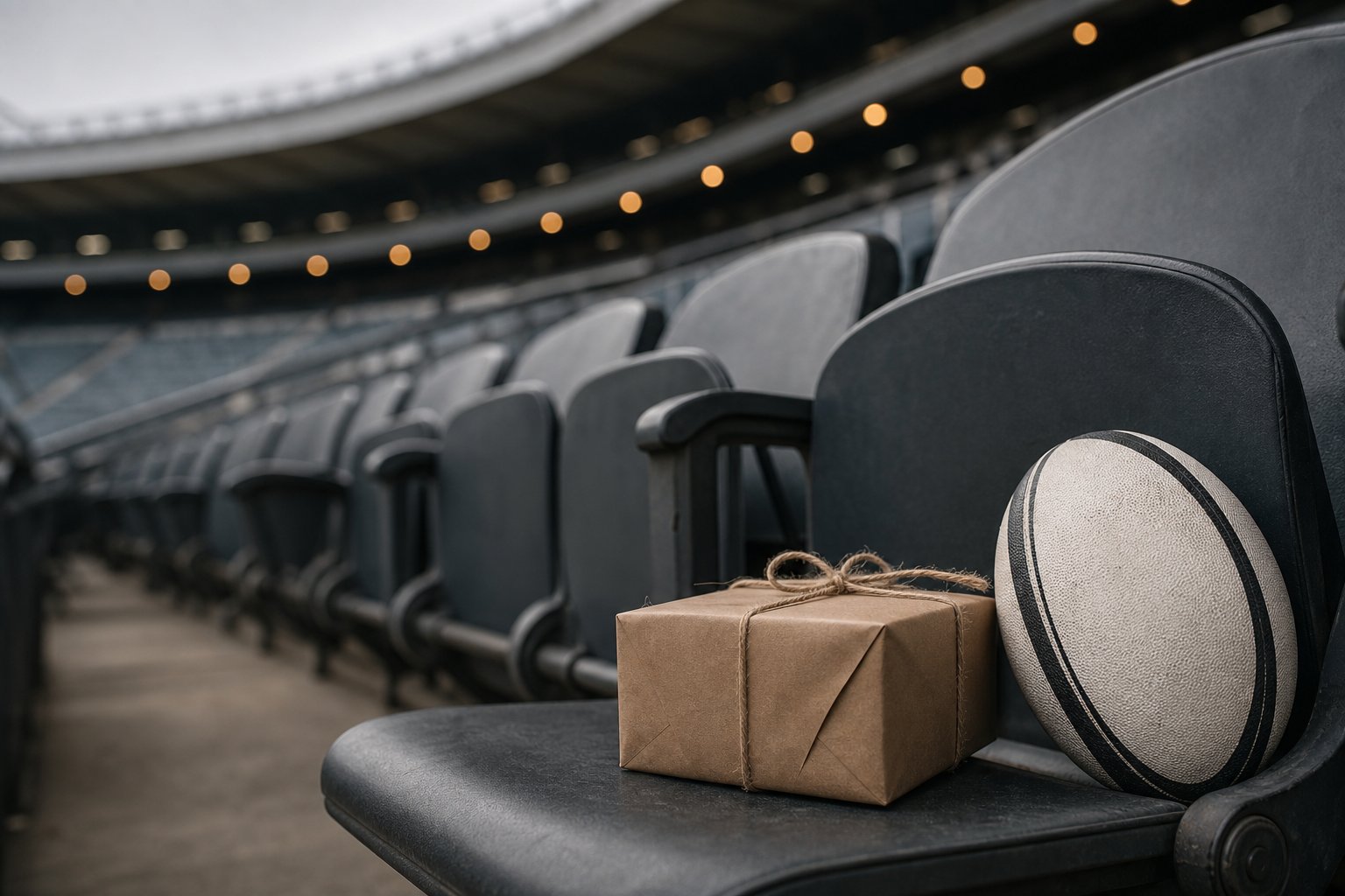 Piccola scatola regalo su un seggiolino da stadio accanto a un pallone da rugby, luci calde sfocate sullo sfondo