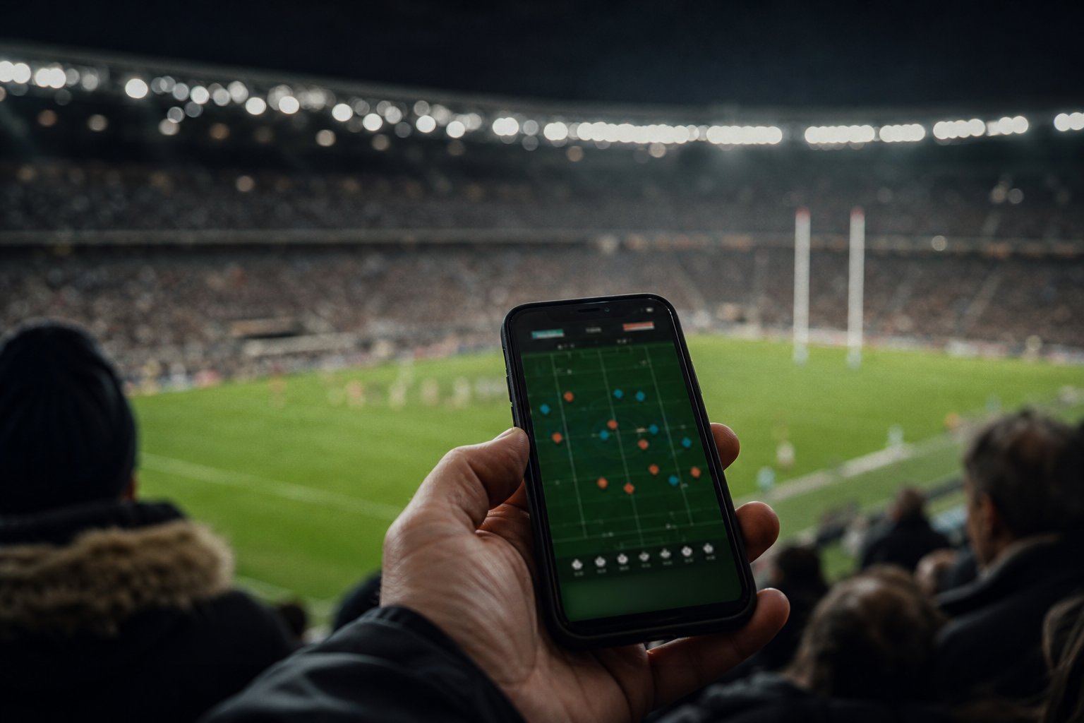 Mano che tiene uno smartphone con un grafico di aggiornamento partita sfocato, campo da rugby illuminato sullo sfondo