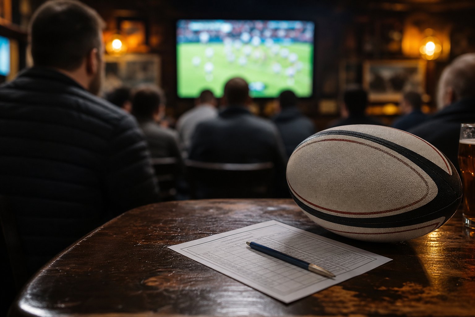 Pallone da rugby su un foglio di scommesse su un tavolo da pub, una televisione sfocata trasmette una partita sullo sfondo