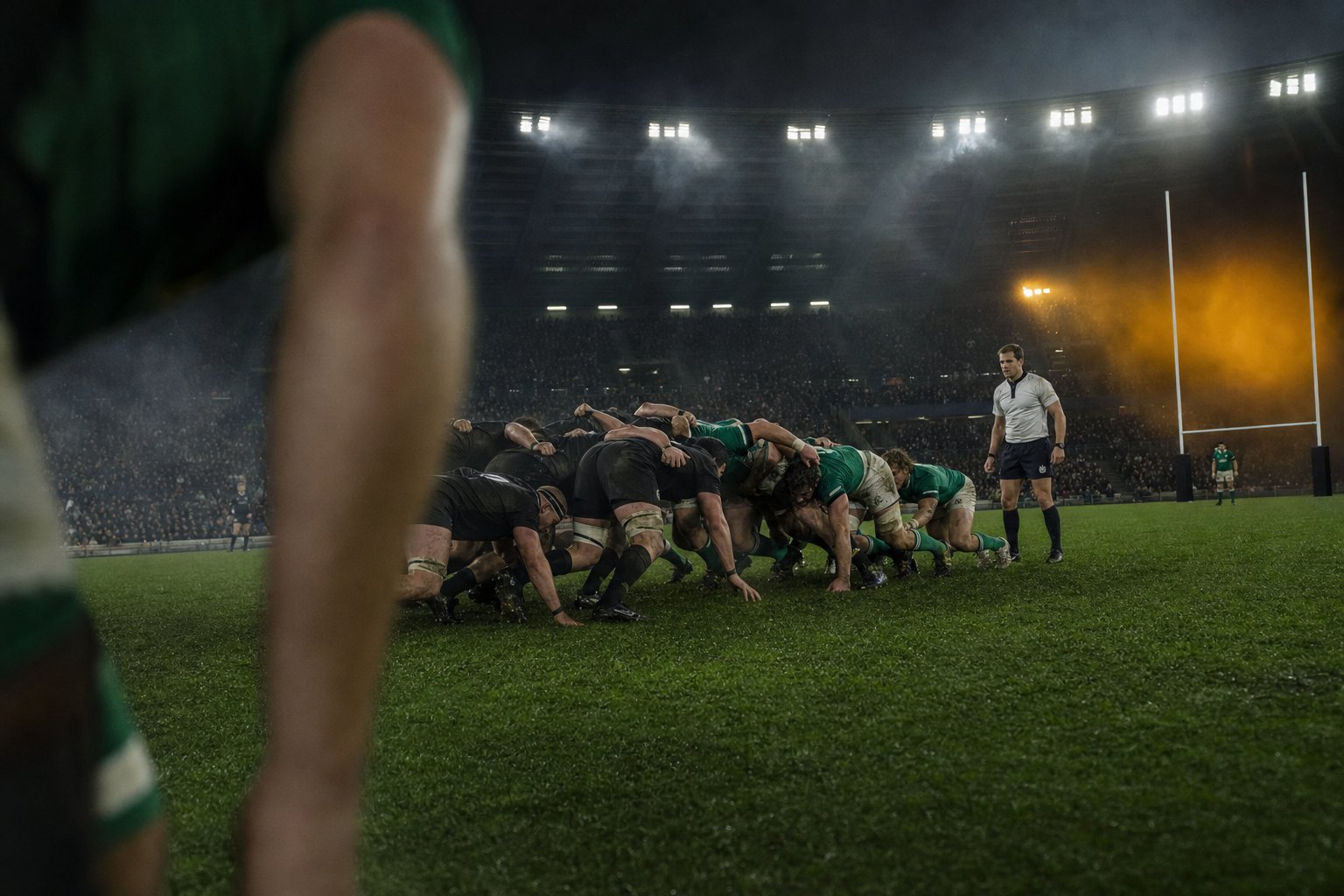 Campo di rugby illuminato di notte con la nebbia che sale dal prato durante una trasferta europea