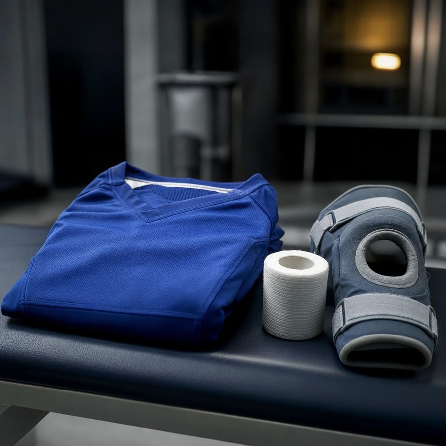 Maglia blu piegata su un lettino da fisioterapia accanto a una fascia di bendaggio e un tutore per il ginocchio