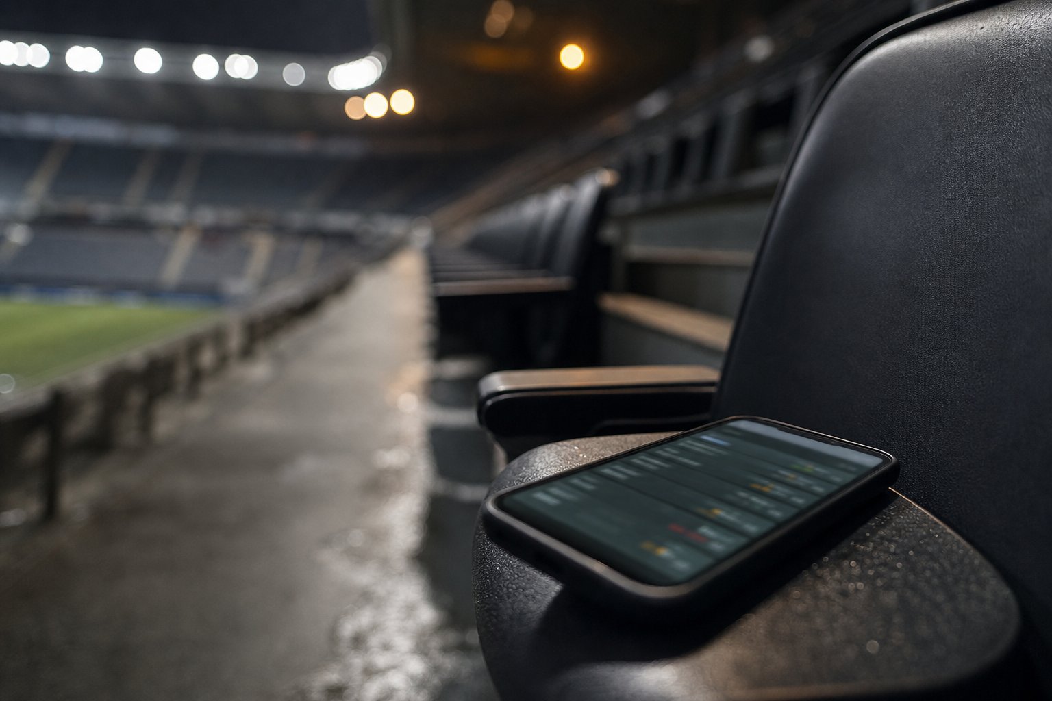 Smartphone che mostra una lista di quote sfocata e illeggibile, appoggiato sul bracciolo di un seggiolino da stadio