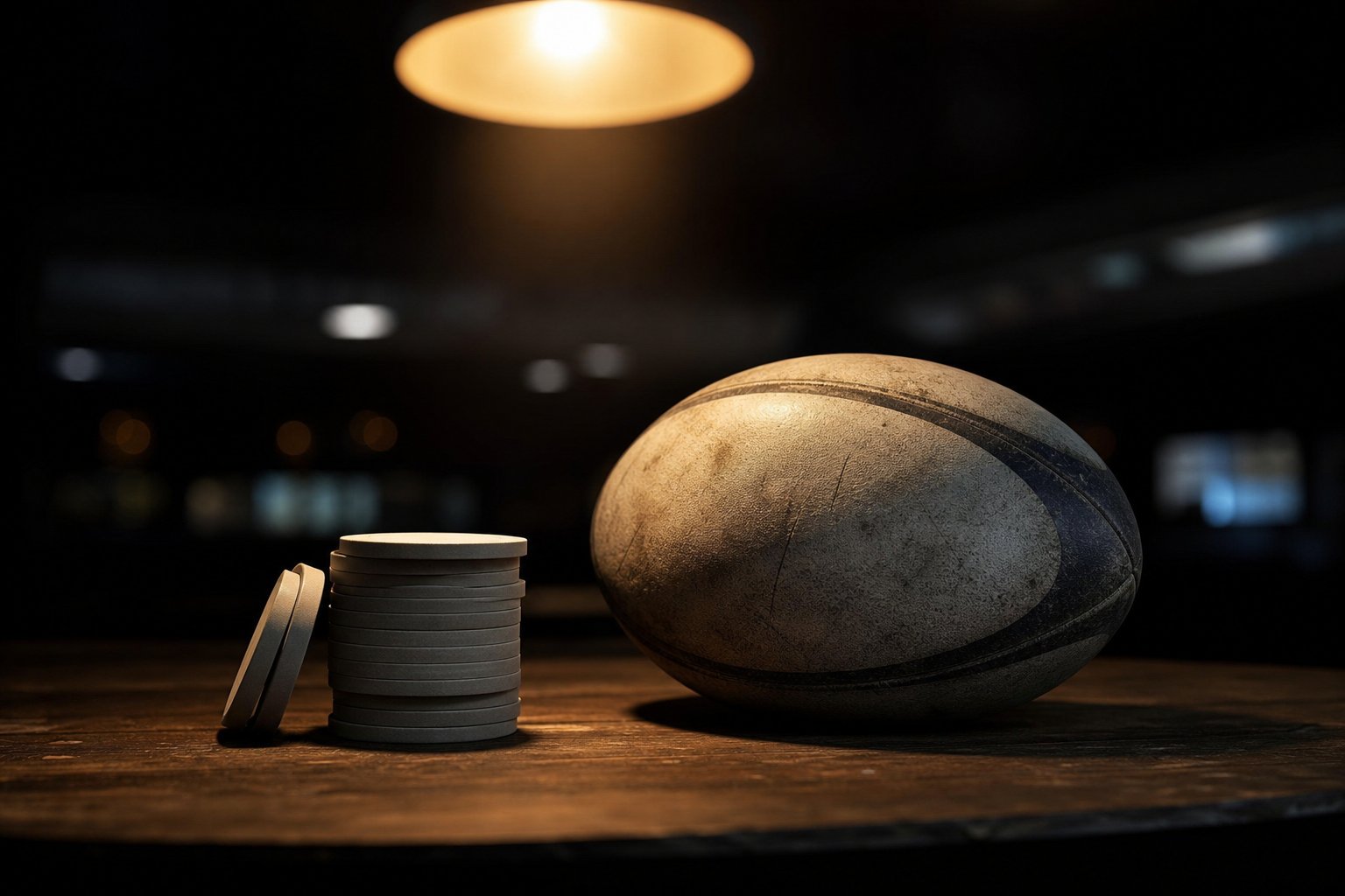 Pila ordinata di fiches neutre accanto a un pallone da rugby su un tavolo di legno scuro, illuminazione calda