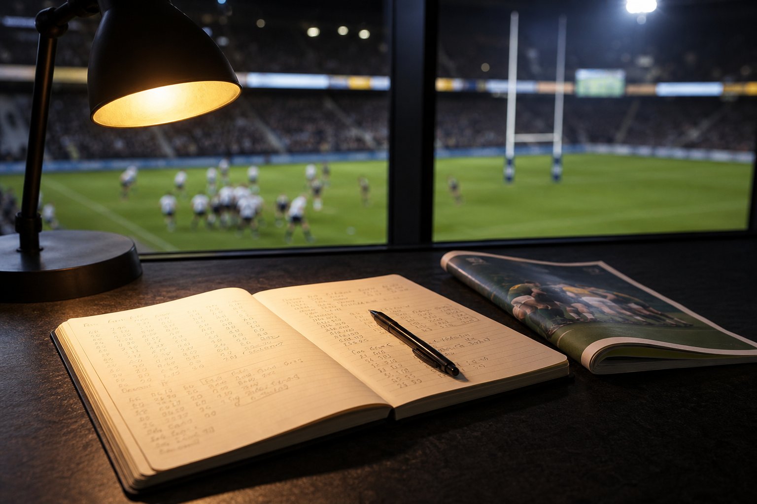 Quaderno aperto con calcoli di quote scritti a mano e una penna, accanto a un programma di partita di rugby ripiegato