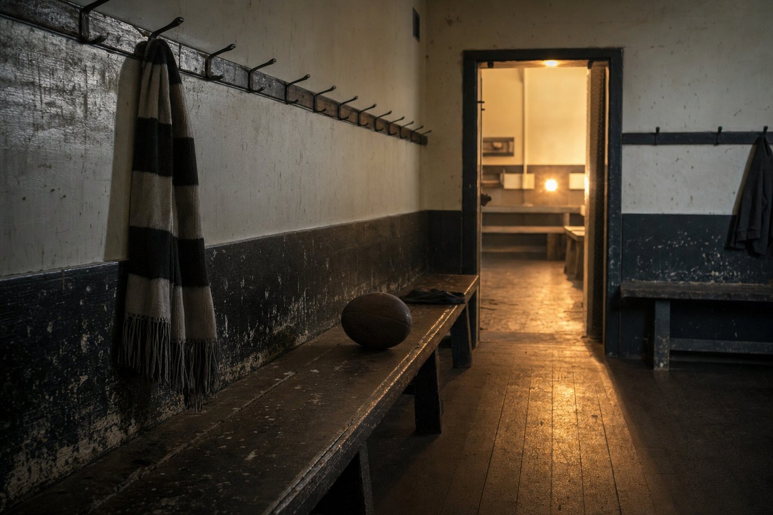 Spogliatoio di un club di rugby all'imbrunire, con una sciarpa nero-argento appesa a un attaccapanni di legno
