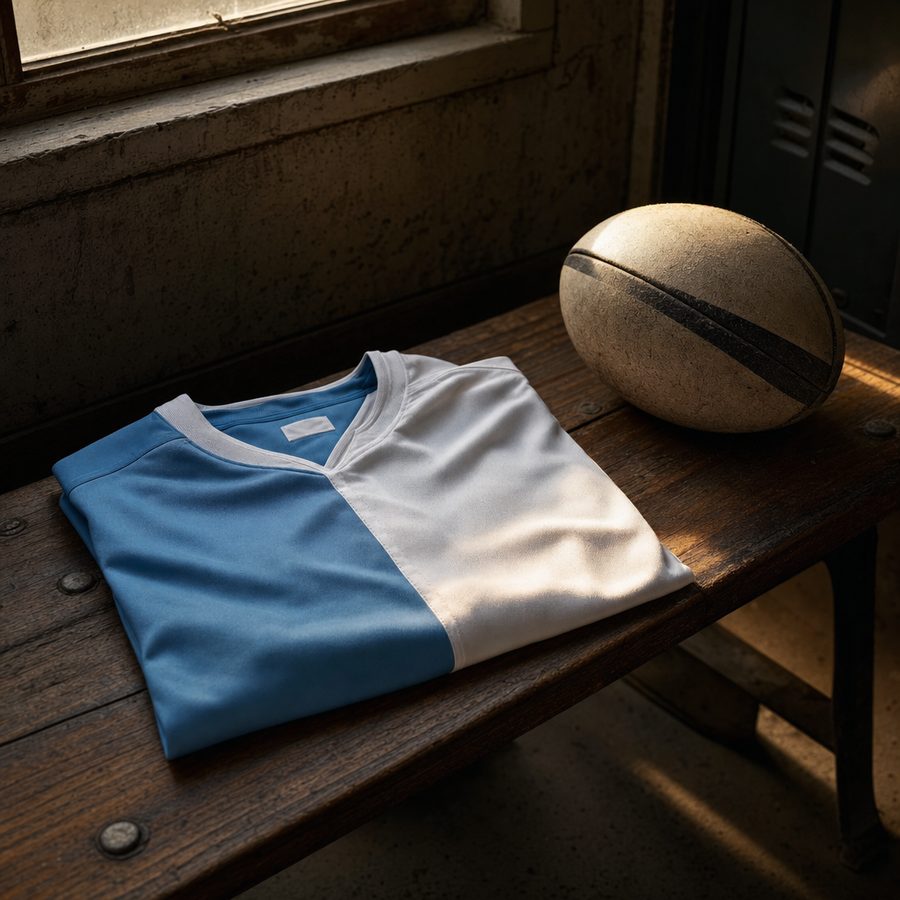 Maglia divisa in azzurro e bianco piegata su una panca di legno accanto a un pallone da rugby consumato