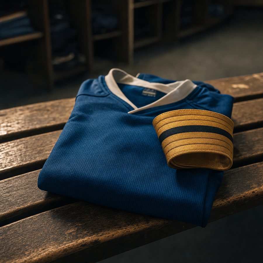 Maglia azzurra piegata con una fascia da capitano dorata appoggiata sopra, su una panca di legno