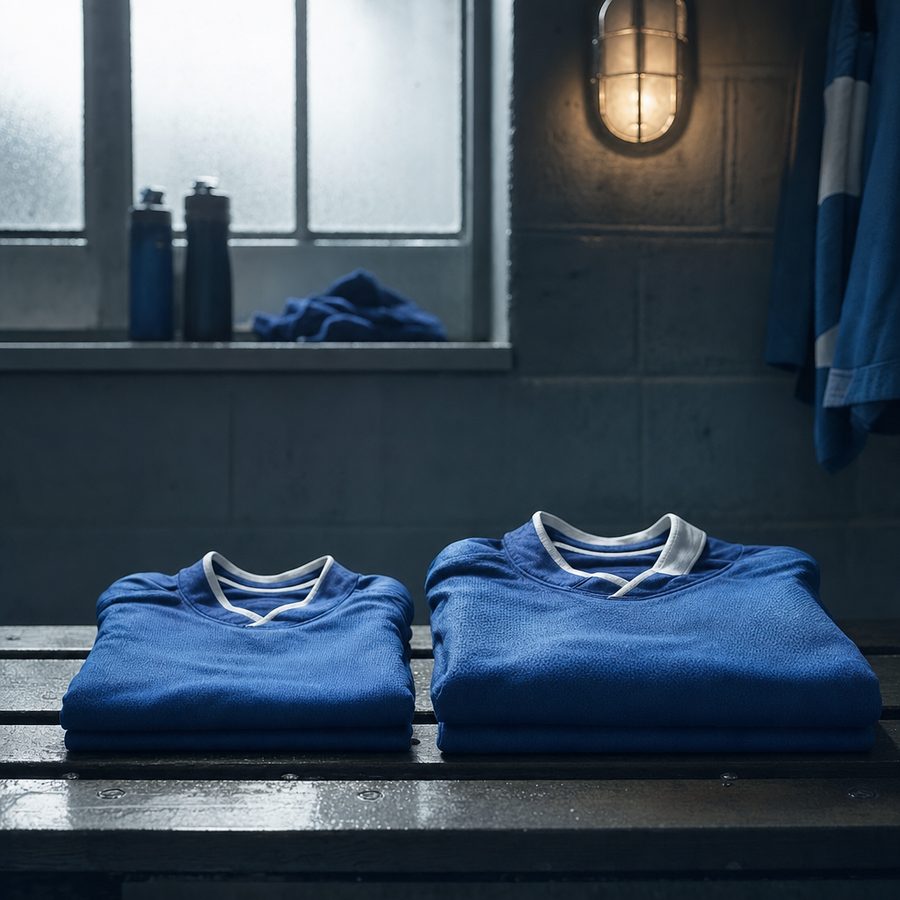Due maglie azzurre piegate una accanto all'altra su una panca di spogliatoio