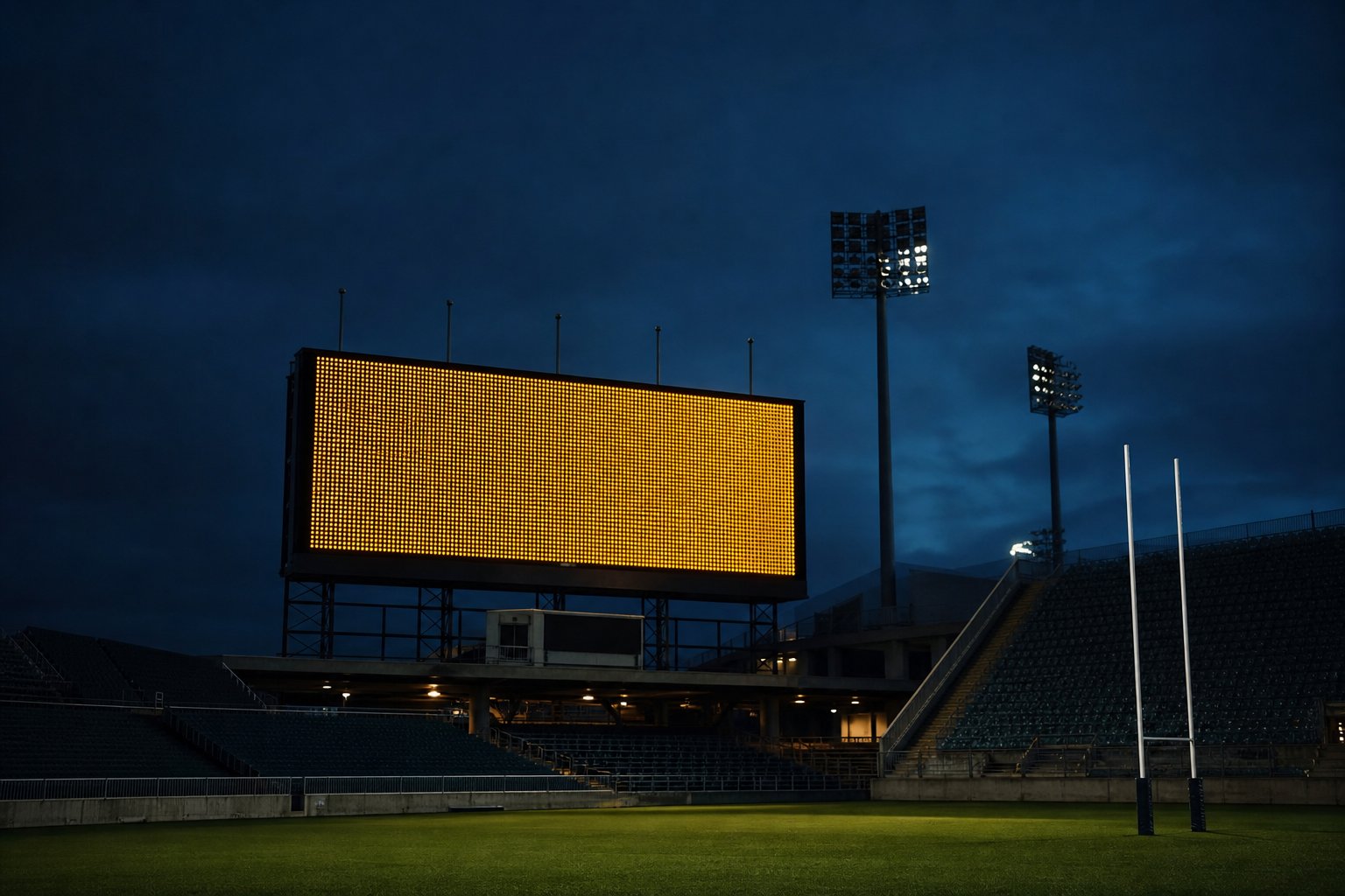Tabellone digitale luminoso contro un cielo blu al tramonto, torri faro di uno stadio di rugby sullo sfondo