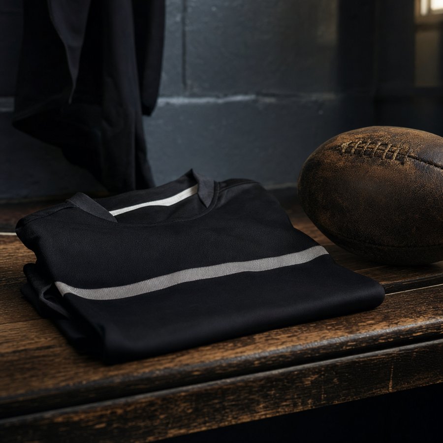 Maglia nera con una fascia argentata piegata su una panca di uno spogliatoio, accanto a un pallone da rugby usato
