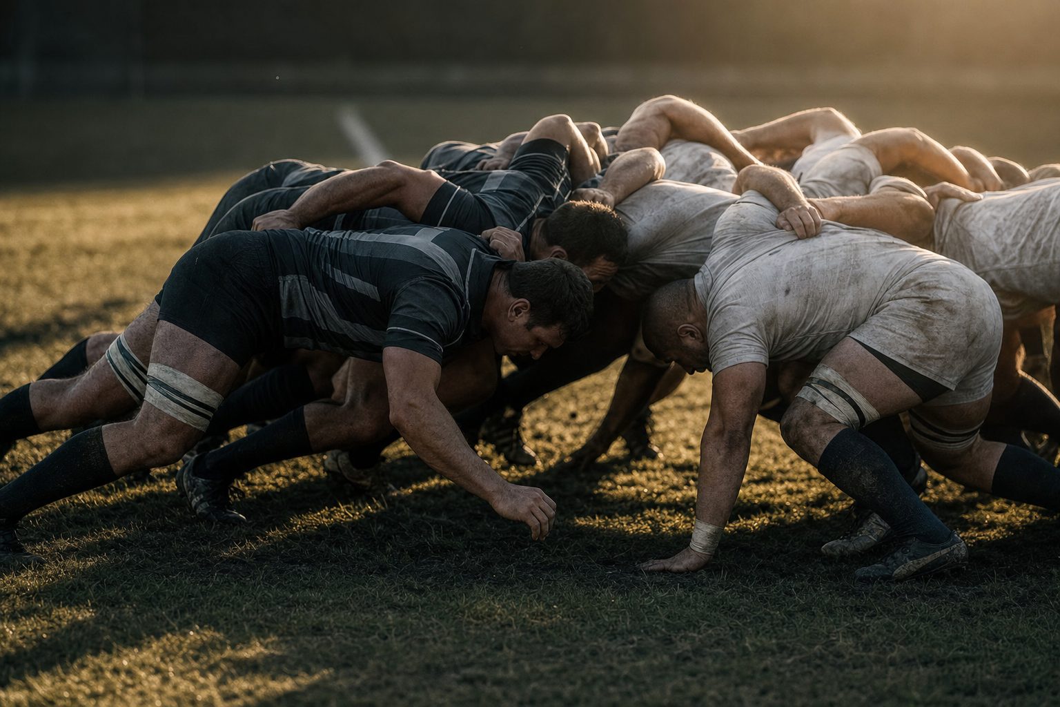 Mischia di rugby ripresa a bordo campo al tramonto, con la linea di meta tracciata sull'erba sullo sfondo