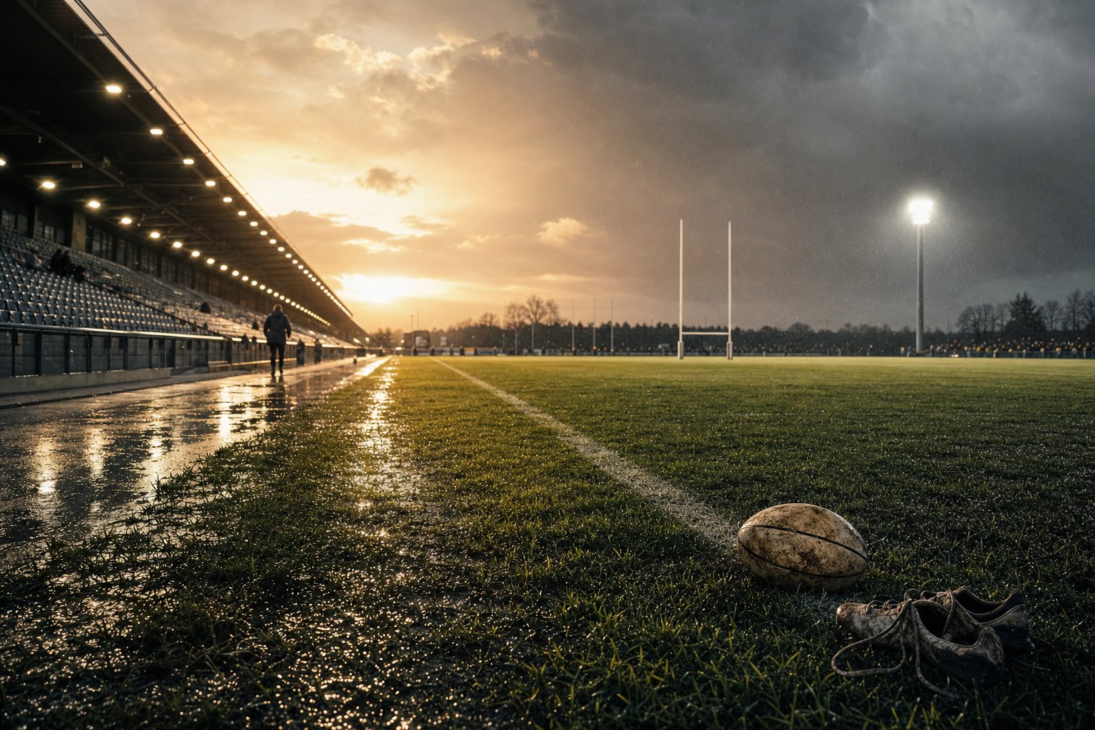 Rugby touchline under a mixed sky, goalposts in the distance and a ball resting near a pair of boots