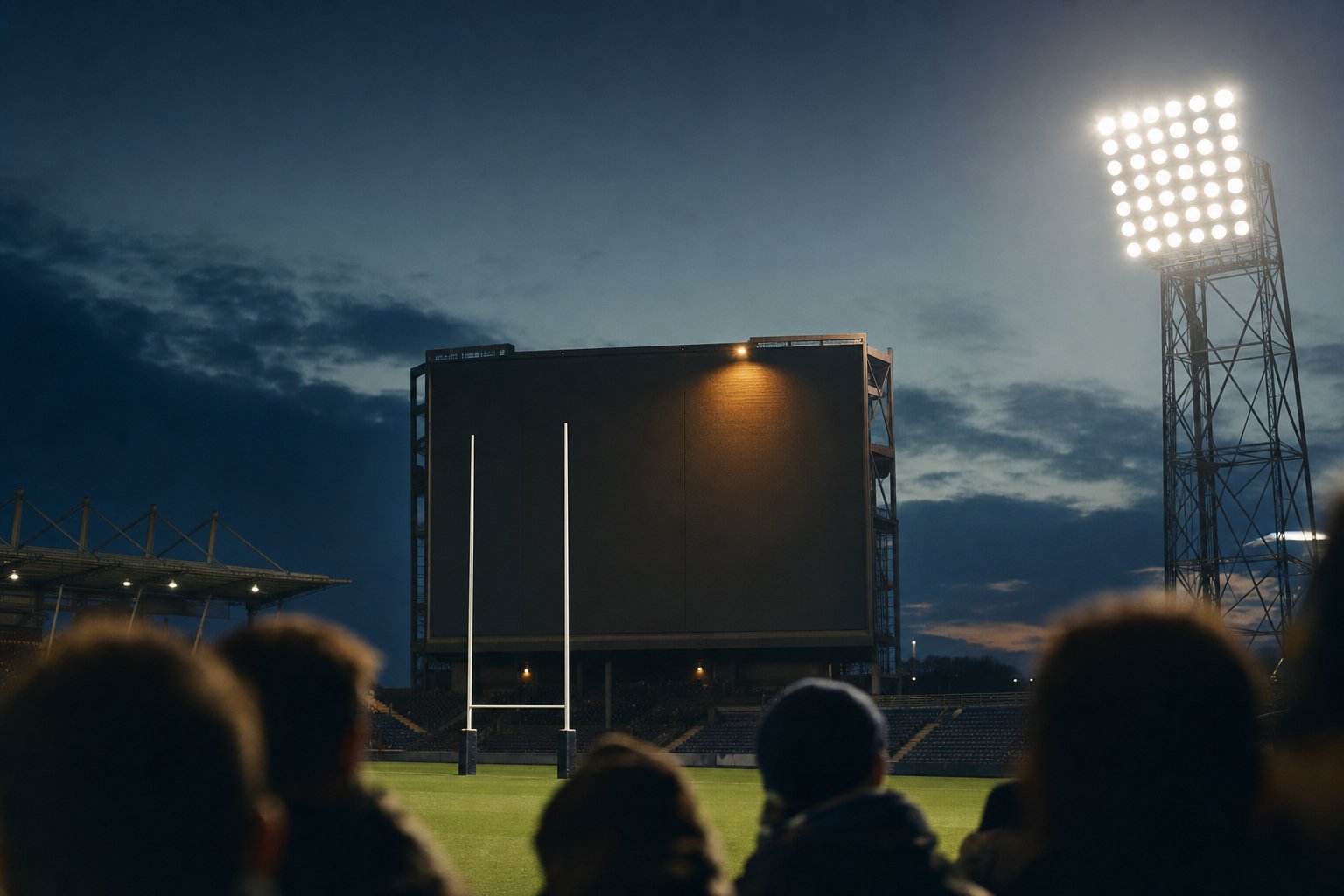 Tabellone luminoso e torre faro di uno stadio di rugby contro un cielo blu serale