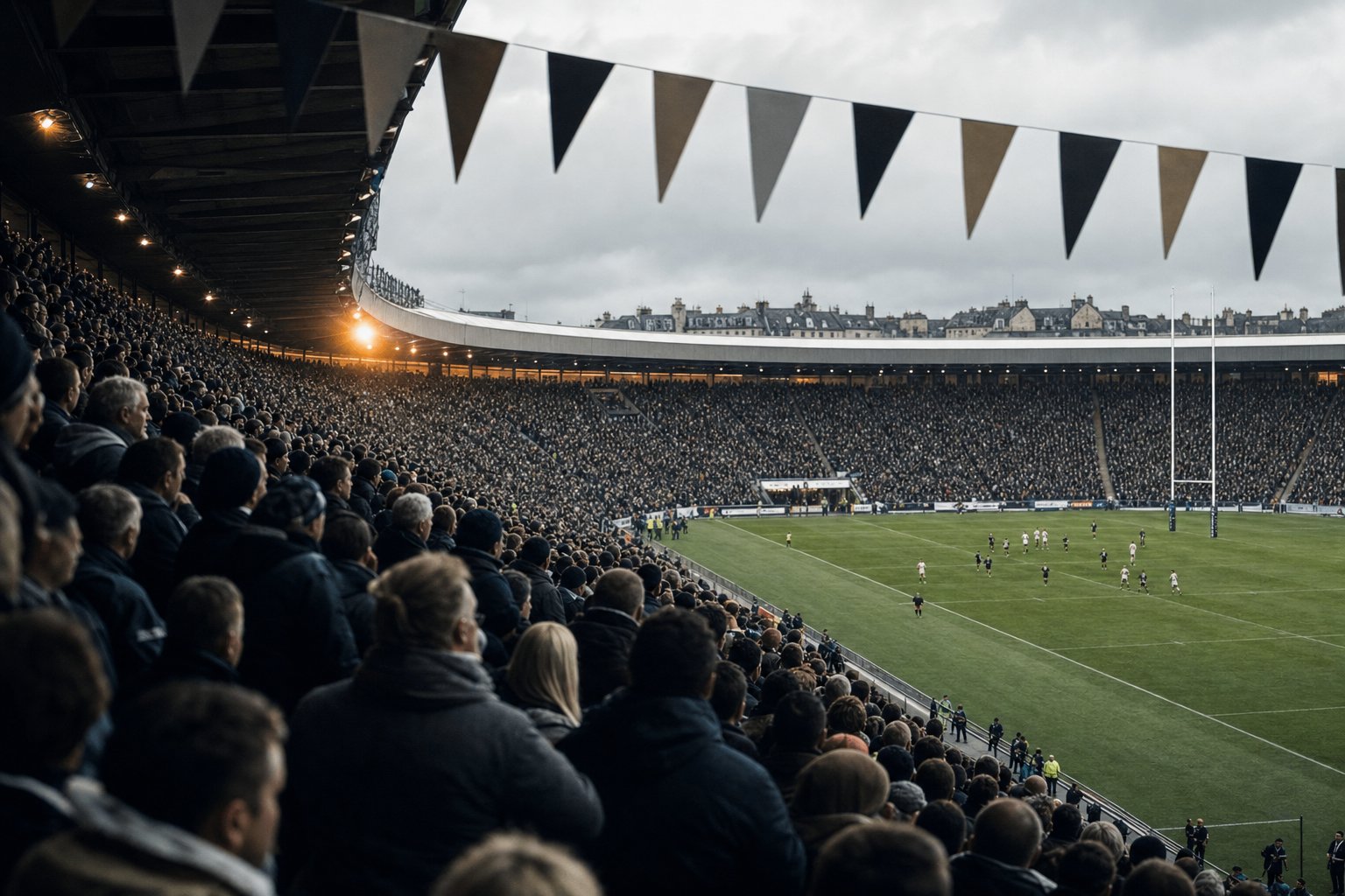 Tribuna gremita di uno stadio di rugby europeo con bandierine triangolari in tinta unita
