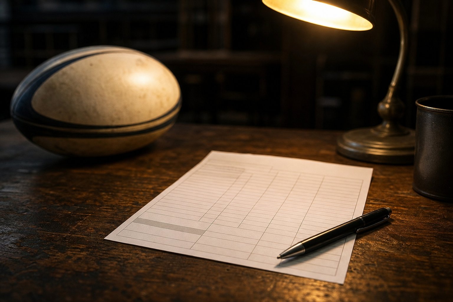 Foglio di scommesse sportive e penna su una scrivania in legno illuminata da una lampada, un pallone da rugby sullo sfondo