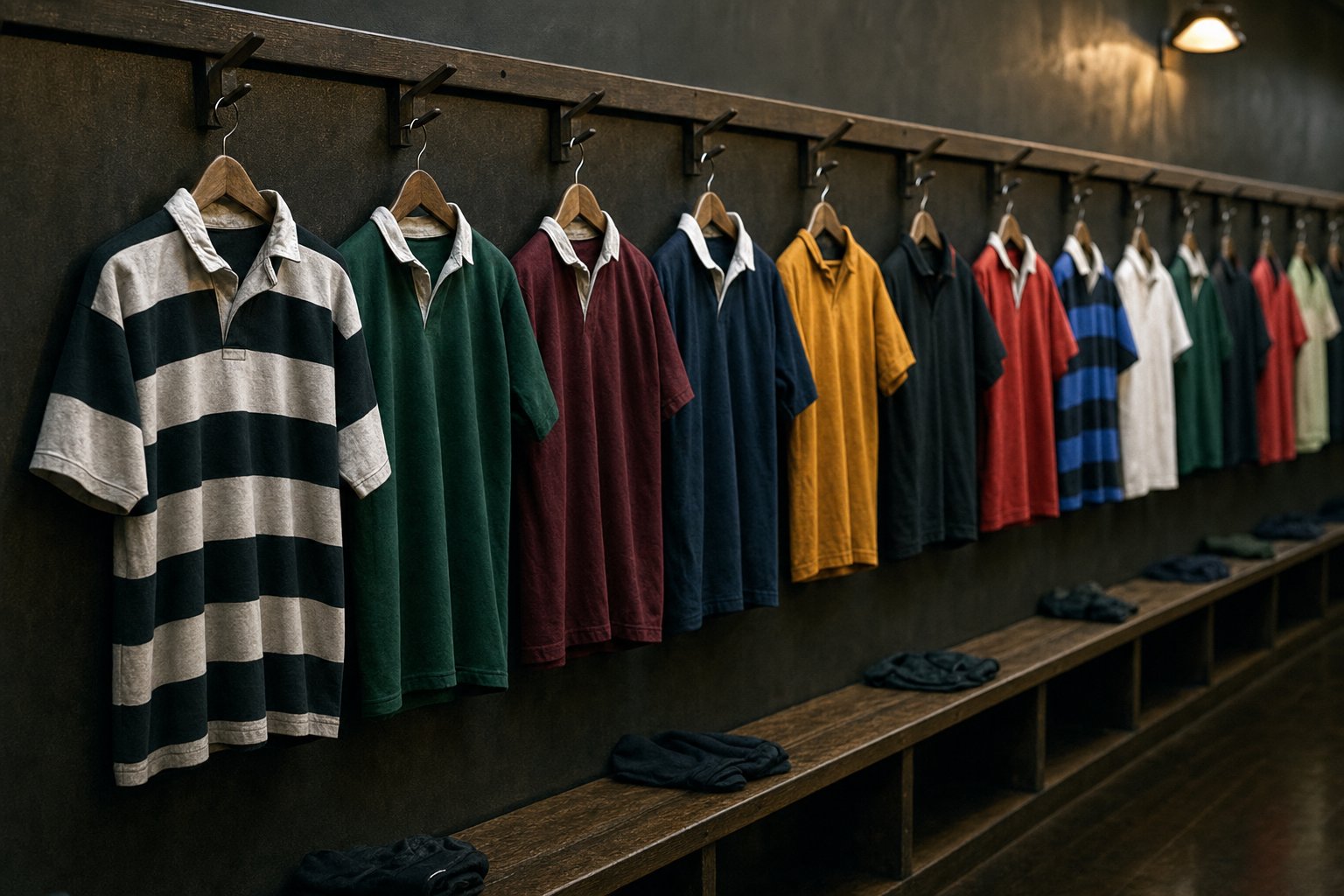 Fila di maglie da rugby di squadre diverse appese agli attaccapanni in uno spogliatoio