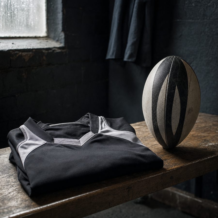Maglia nero-argento piegata su una panca spoglia accanto a un pallone da rugby in equilibrio sulla punta